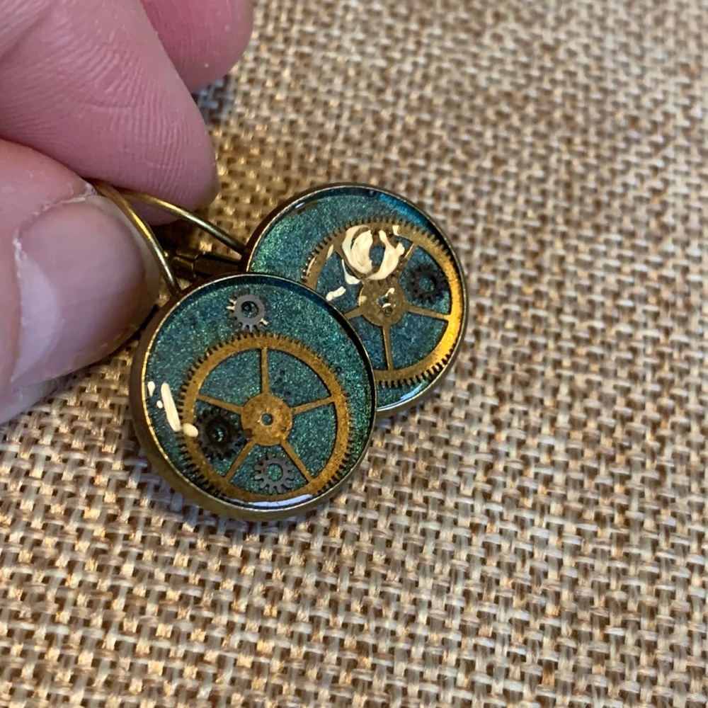 Green Earrings Gears French Levers Handmade New